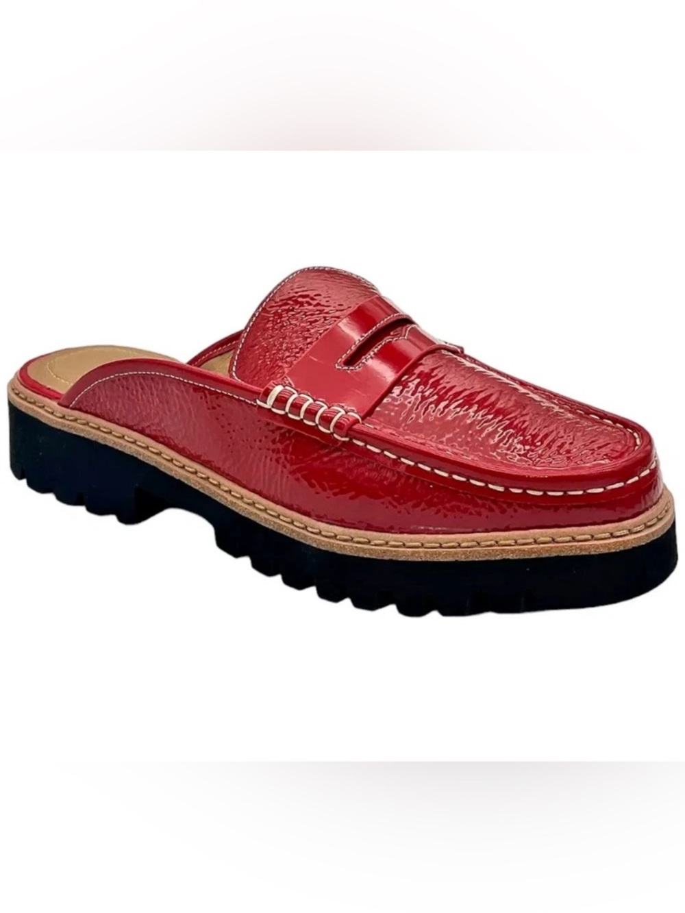 Donald Pliner Hillie Red Crinkle Patent Penny Loafer Mules Lug Sole 6